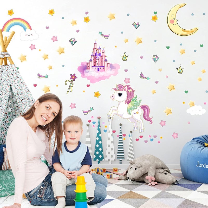 Robmoda Glow in The Dark Stars and Unicorn Wall Decals, Glowing Castle Moon and Rainbow Stickers, 174 pcs Luminous Ceiling Decor for Kids Bedroom, Great Wall Decor for Girls and Boys Gift - Image 4